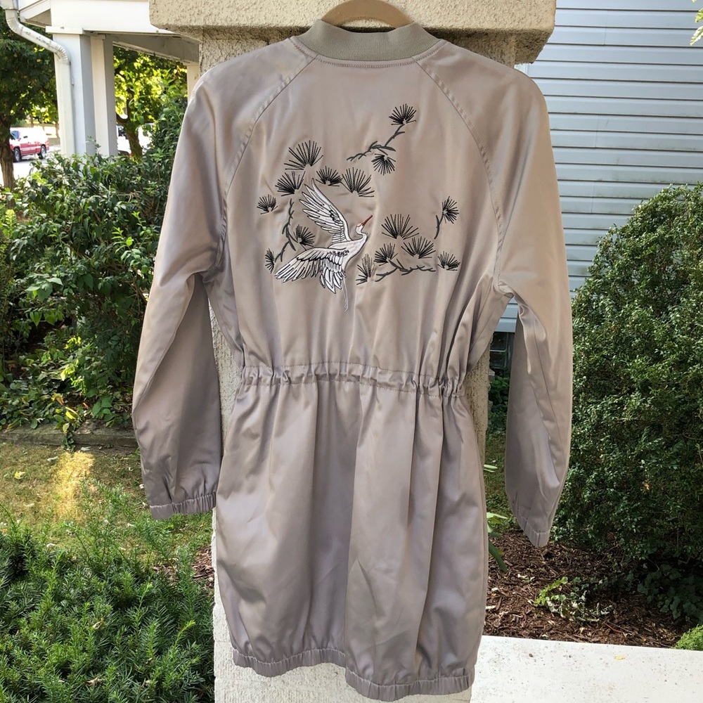 Express silver satin car coat with embroidery NWOT